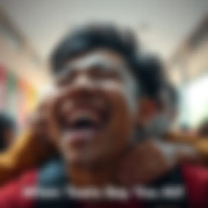 A person with tears streaming down their face, expressing a mix of happiness and relief, surrounded by comforting friends.