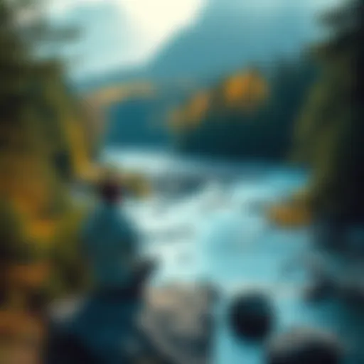 A person sitting on a rock by a river surrounded by trees, reflecting on life away from technology