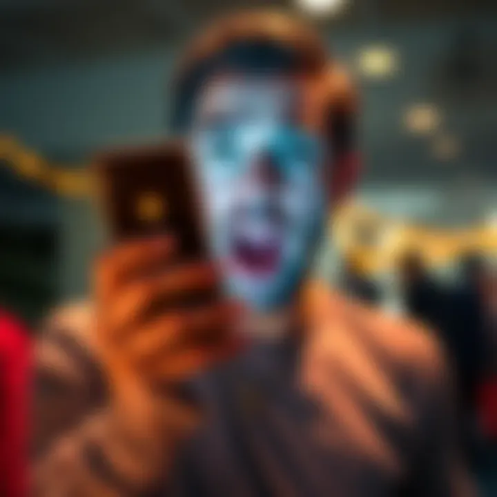 A person with an astonished expression, holding a smartphone displaying a cryptocurrency balance, representing sudden wealth
