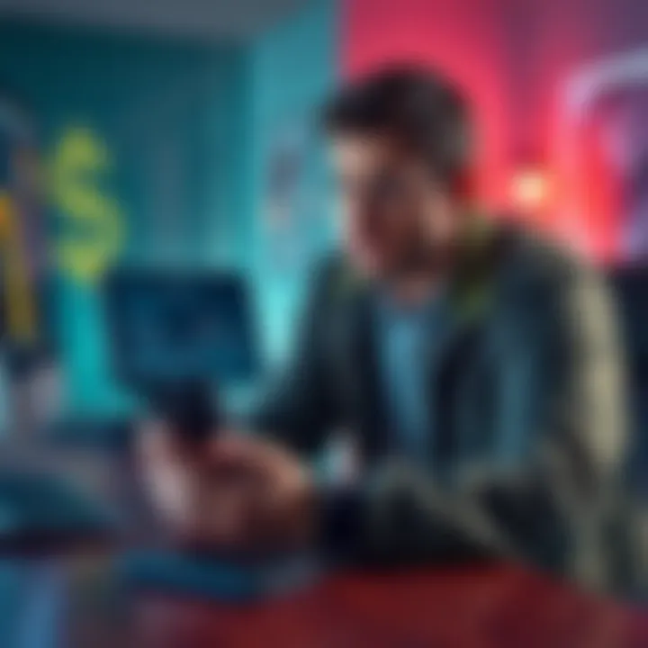 A person sits at a table, looking thoughtfully at a hardware wallet and a computer, symbolizing self-custody in cryptocurrency.