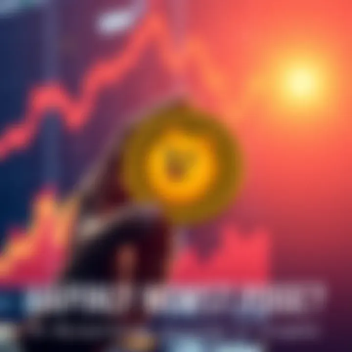 A person happily holding a Dogecoin logo with charts showing upward trends in the background.