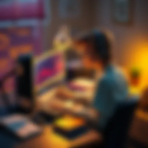 A person sitting at a desk with a computer, studying Bitcoin concepts with books and notes around them.