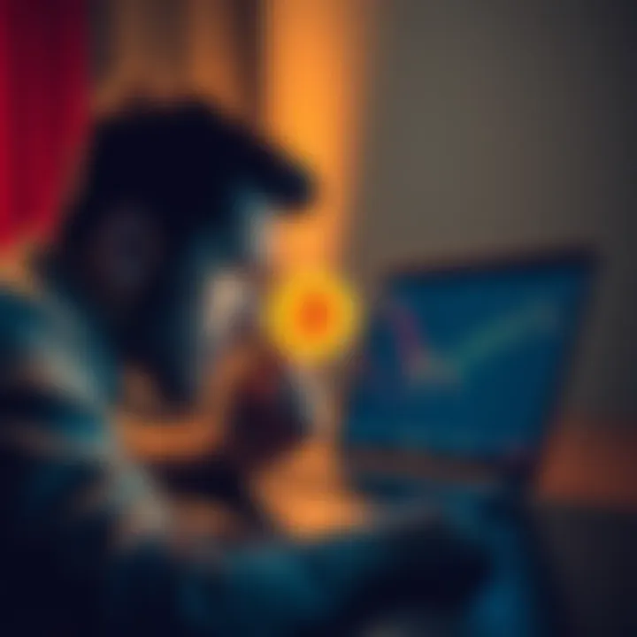 A person anxiously examining a Bitcoin price chart on a laptop, reflecting nervousness about making a first purchase