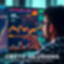 A worried individual staring at fluctuating cryptocurrency charts on a computer screen, symbolizing the stress of chasing quick riches.