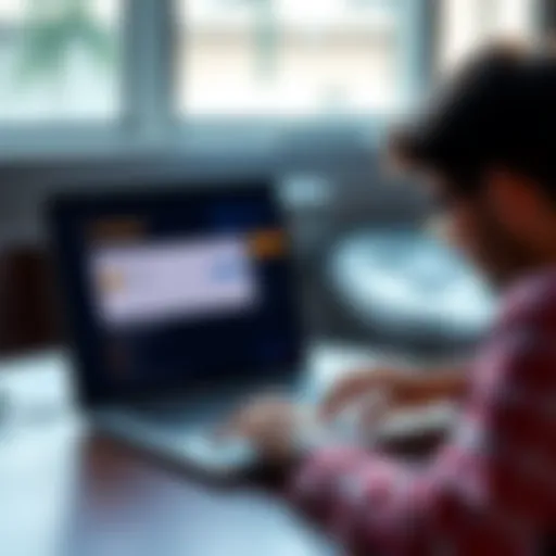 Individual examining an old Coinbase account on a laptop, contemplating whether to keep or sell Bitcoin balance