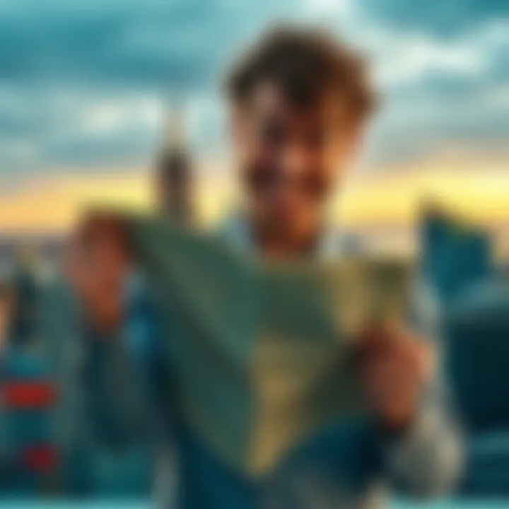 A person standing in front of a city skyline with a mischievous expression, holding a map and looking excited about their bold claim to steal a city.