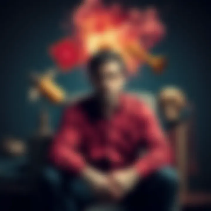 Individual sitting with a thoughtful expression, surrounded by contrasting symbols of wisdom and foolishness, reflecting on the nature of idiocy