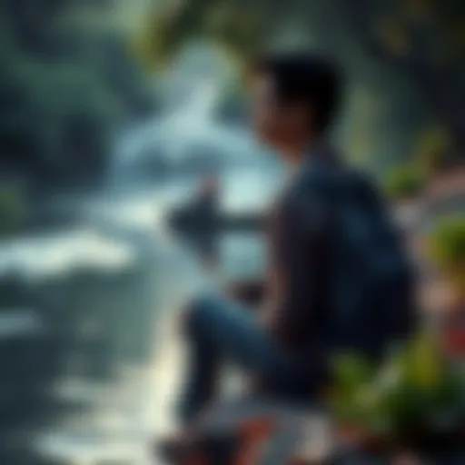 Individual sitting by a river, looking thoughtful while surrounded by nature, symbolizing self-reflection