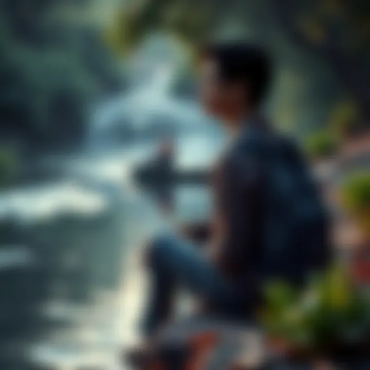 Individual sitting by a river, looking thoughtful while surrounded by nature, symbolizing self-reflection