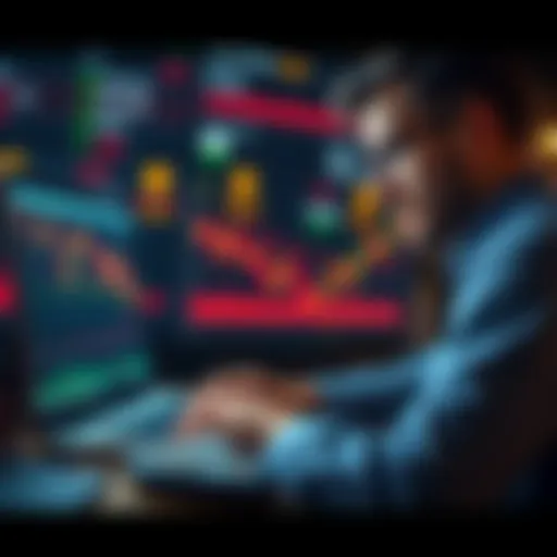 A person analyzing Bitcoin price charts on a laptop while considering investment options, showing a mix of concern and determination.