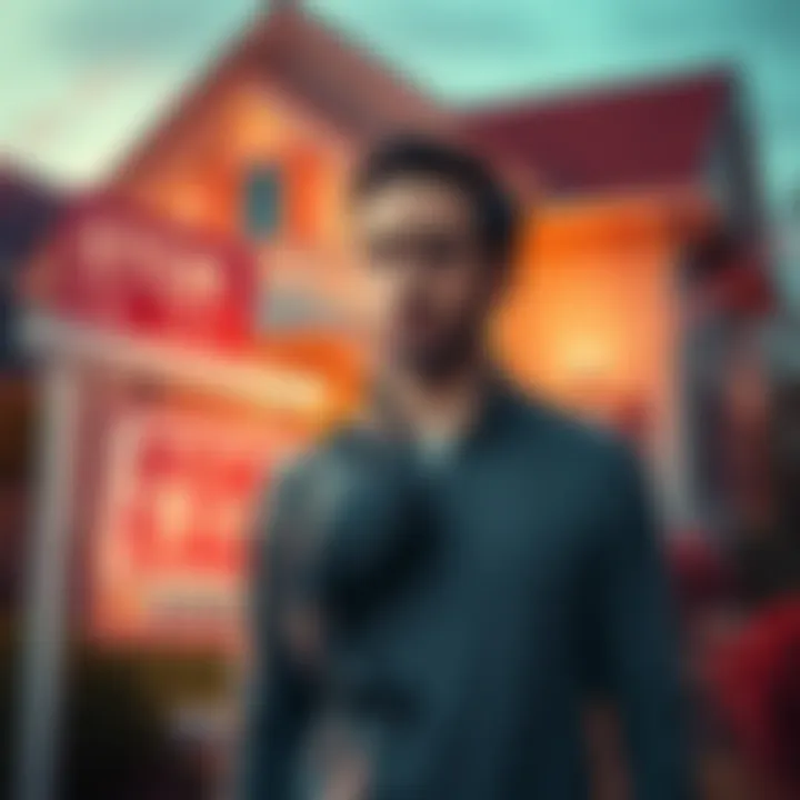 Individual with a worried expression standing in front of a house for sale sign, with rising graphs showing housing prices in the background