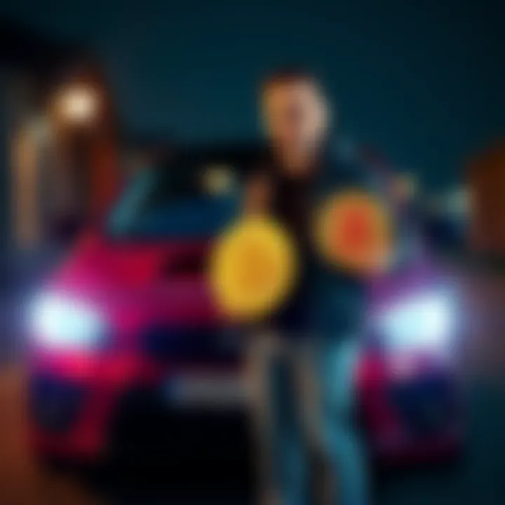 A person stands next to a sold car, holding a Bitcoin symbol with a happy expression, expressing excitement about Bitcoin's price rise to $81,000.