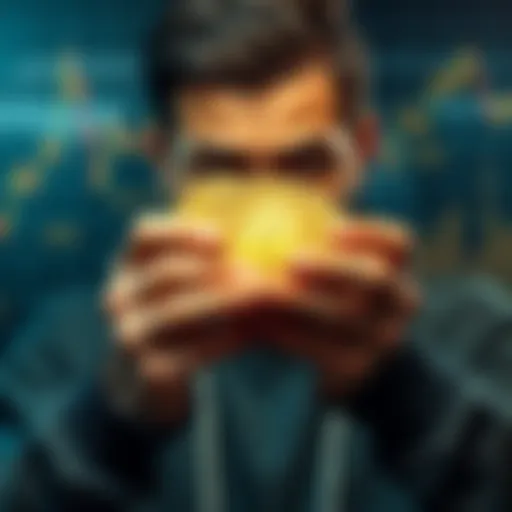 Individual looking worried while holding Pi coins, with a graph showing price decline in the background