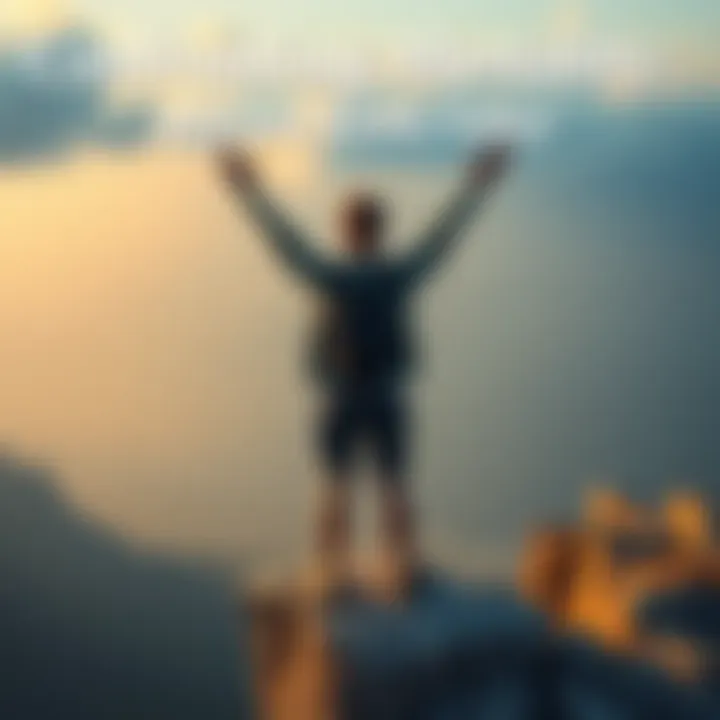 Person standing on a cliff Individual with arms raised on a cliff, embracing the view and the moment, signifying bold living and facing fears.