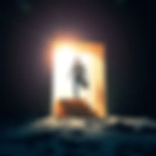 A person stepping out of a small box into a bright open space symbolizing risk-taking and opportunities