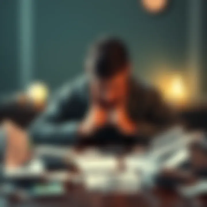 A person sitting at a table surrounded by unpaid bills and a calculator, showing signs of financial stress.