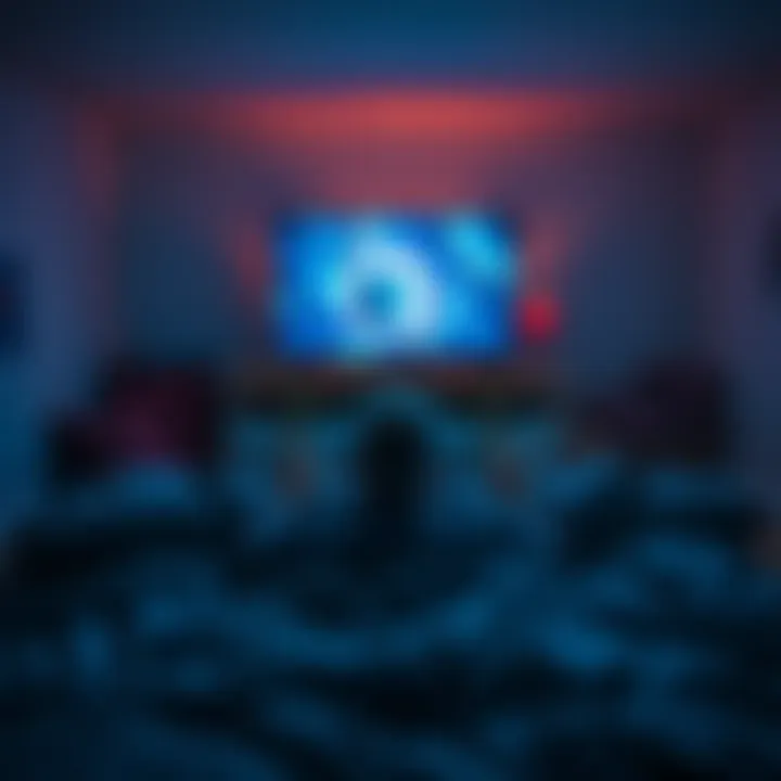 Person watching Cosmos at night Individual comfortably watching the show Cosmos on a TV in a dimly lit room, surrounded by cozy blankets and pillows.