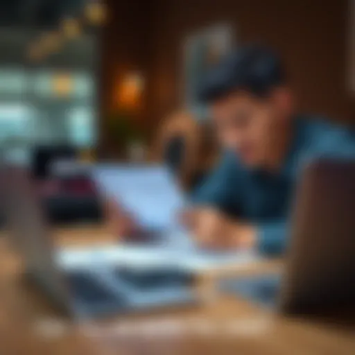 A person sitting at a table, looking at paperwork and calculating options for settling a personal loan with a calculator and laptop.