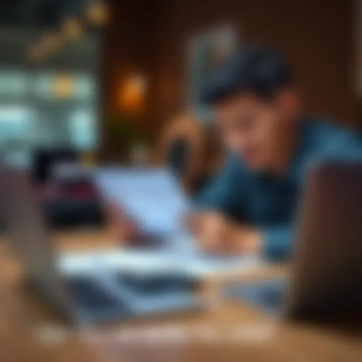 A person sitting at a table, looking at paperwork and calculating options for settling a personal loan with a calculator and laptop.