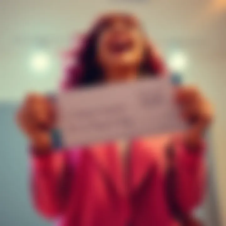 Person celebrating payout A person joyfully holding a check, symbolizing the excitement of finally receiving a payout after a long wait.