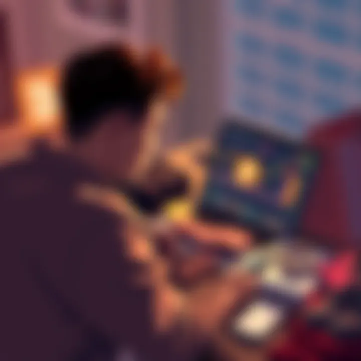 A person staring thoughtfully at a laptop screen displaying Bitcoin charts, with personal items like clothes and a shopping bag scattered around them, showing their inner conflict between spending and...