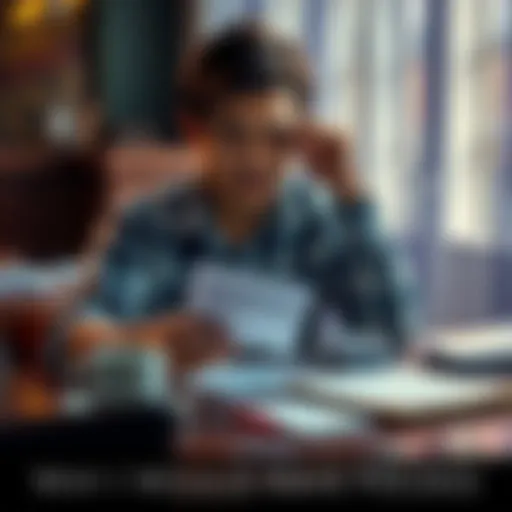 A person sitting at a table with a thoughtful expression, weighing options with papers and a coffee cup around them