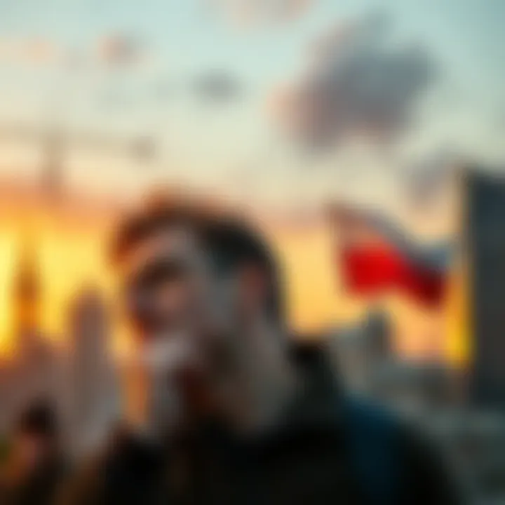 A Polish individual deep in thought, balancing the ideas of financial independence and personal fulfillment, with a backdrop of city buildings symbolizing work and financial goals.