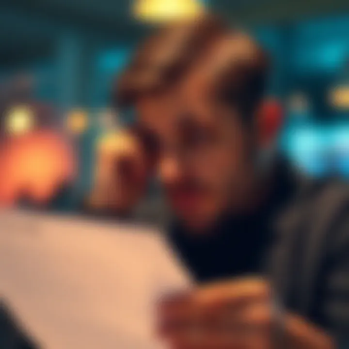 Individual looking thoughtfully at a sale document, considering financial decisions