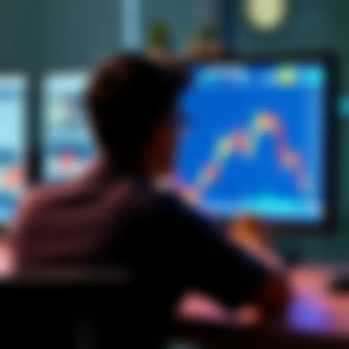 A person sits at a desk, staring at a screen showing a falling stock chart, looking distressed over financial losses from altcoin investments.