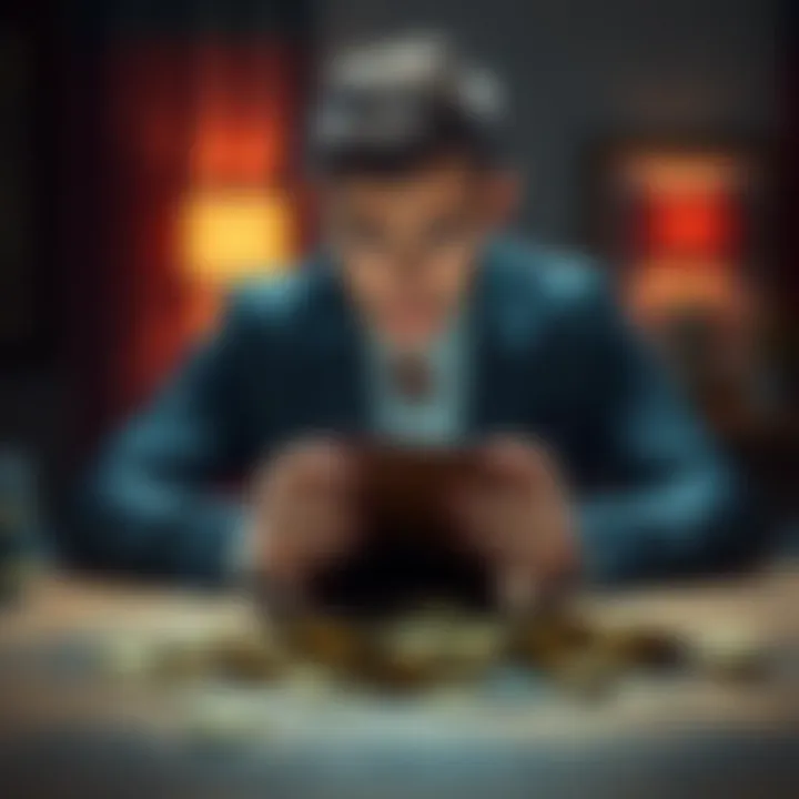 A person sitting at a table with an empty wallet and a distressed expression, symbolizing loss and despair after cryptocurrency investments