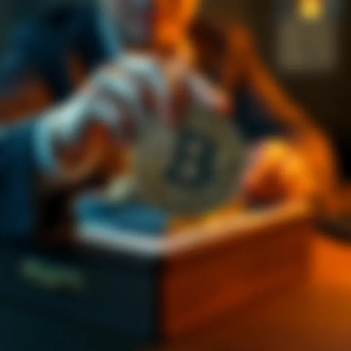 Person holding Bitcoin symbol Individual holding a Bitcoin symbol with a stack of cash on the table