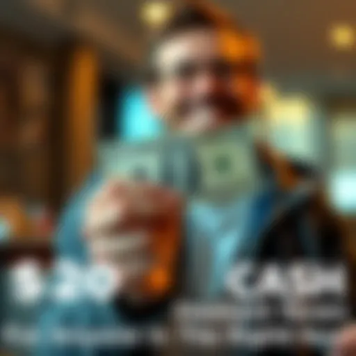 A person holding a $20 bill, looking happy and excited about receiving instant cash.