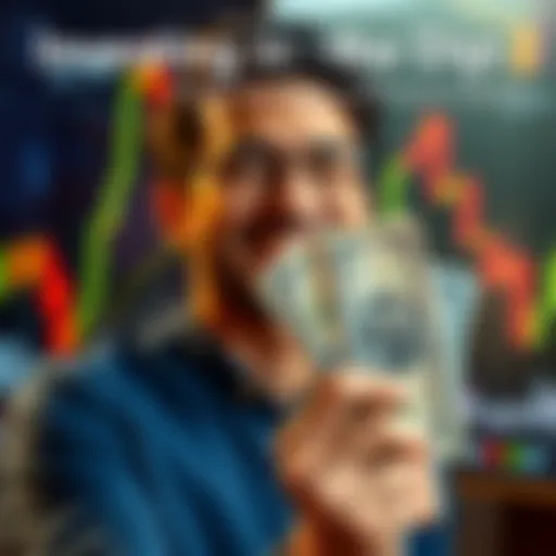 Person Holding Cash A person smiling while holding a $30 bill with a stock market chart in the background