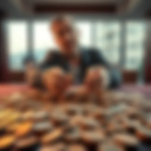 A person sits at a table with a large number of coins spread out, looking both amused and concerned about their value.