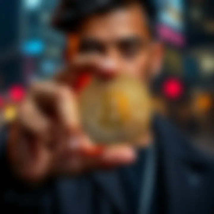 Individual proudly displaying a shiny digital coin symbolizing Wholecoiner status