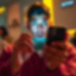A person with a surprised expression looking at their smartphone displaying a digital wallet with a large amount of money