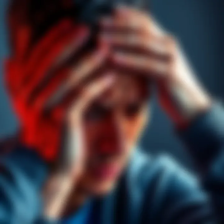 An individual with their hand on their forehead, showing signs of distress and discomfort, illustrating the emotional and physical aspects of pain.