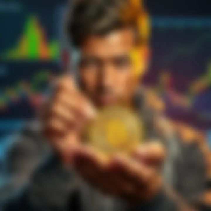 A person holding Bitcoin coins with a determined expression, surrounded by financial charts and trends