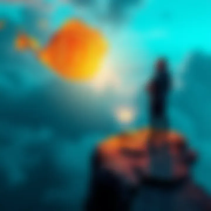 A person stands on a cliff, releasing a Bitcoin symbol into the wind while looking contemplative