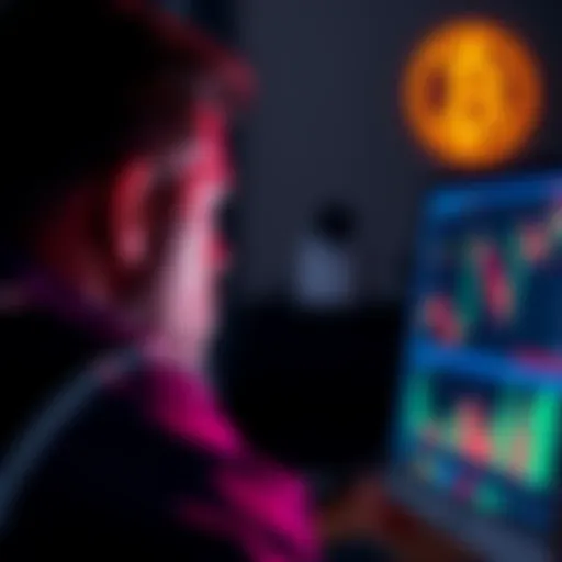 Individual staring at a computer screen displaying Bitcoin price charts with a contemplative expression
