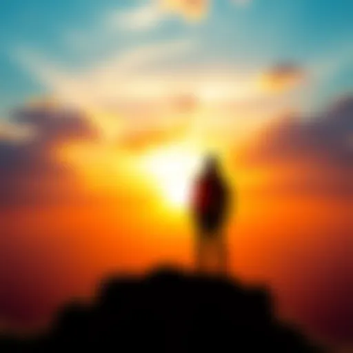 A person stands on a hilltop, gazing at a bright sunrise, symbolizing anticipation and readiness for future events.