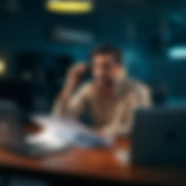 A person sitting at a desk, holding a phone to their ear with a worried expression, papers and a laptop are nearby, indicating a scam call situation.