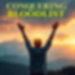 A person triumphantly standing with arms raised, symbolizing victory over inner struggles, set against a serene backdrop of nature.