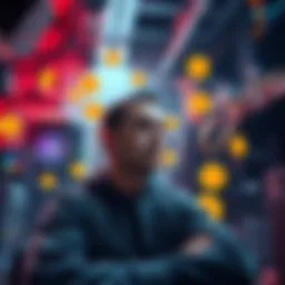 Person pondering ASIC miner sale Individual contemplating selling ASIC mining machines for Bitcoin investment, surrounded by mining equipment and Bitcoin graphics