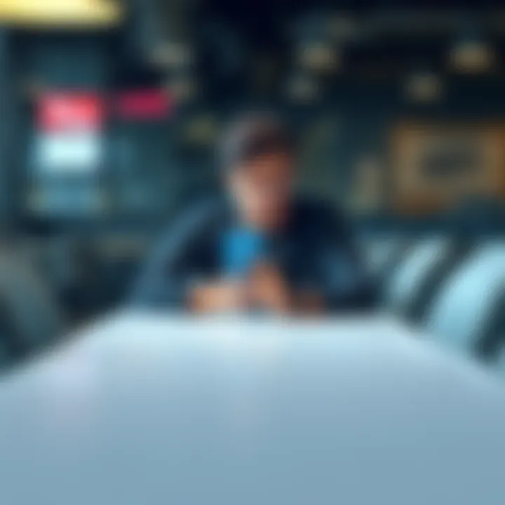 A person sitting alone at a table, looking thoughtfully at a smartphone with a frown, symbolizing a choice to avoid social apps, while surrounded by empty chairs.