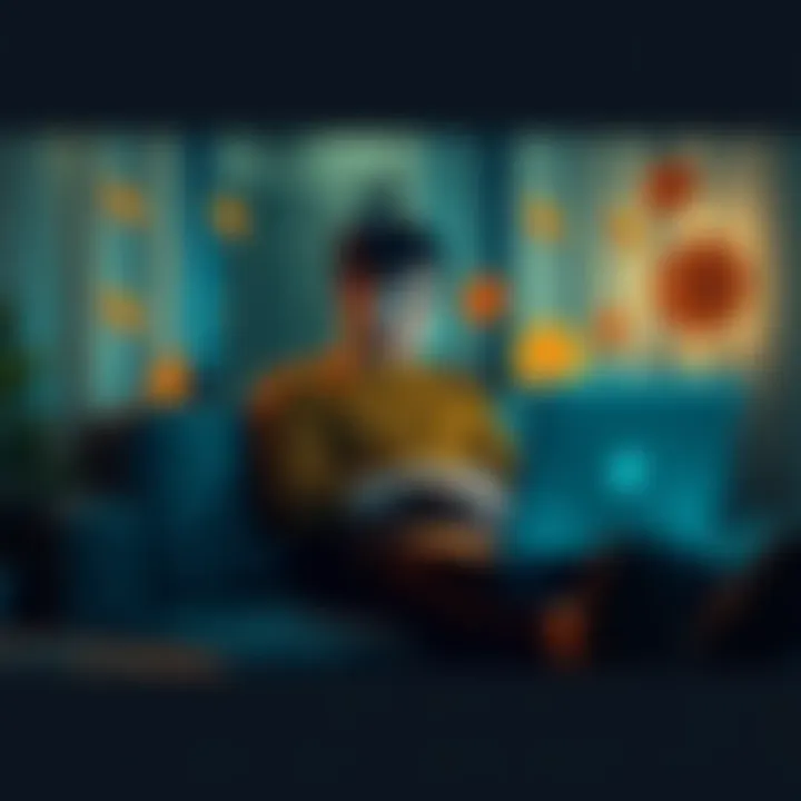 Individual sitting comfortably at home with a laptop, surrounded by symbols of cryptocurrency, representing financial freedom