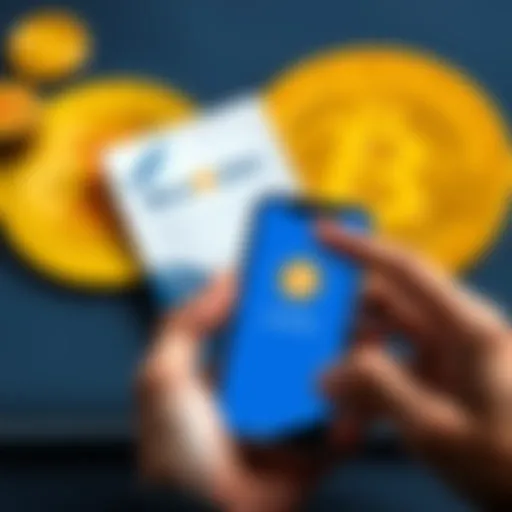 A person holding a smartphone showing the BlueWallet app, with a paper wallet and Bitcoin symbols in the background, illustrating how to retrieve Bitcoin from a paper wallet