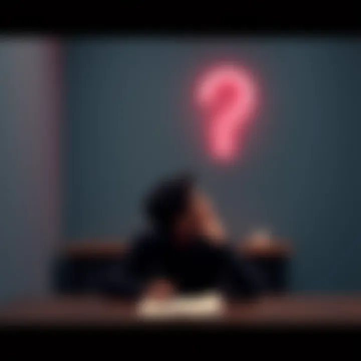 A person sitting at a desk with a notepad, looking thoughtfully at a question mark drawn on the wall.