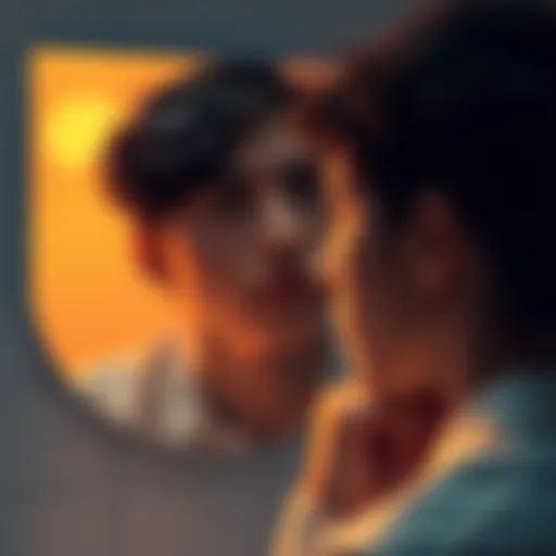 A thoughtful person looking at a mirror with the phrase 'I am ___' written on it, representing self-reflection and identity exploration.