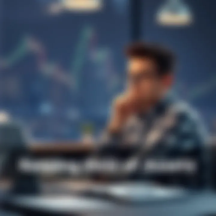 A person sitting at a desk with a thoughtful expression, looking at financial charts on a laptop, contemplating holding onto their investments instead of selling at a loss.